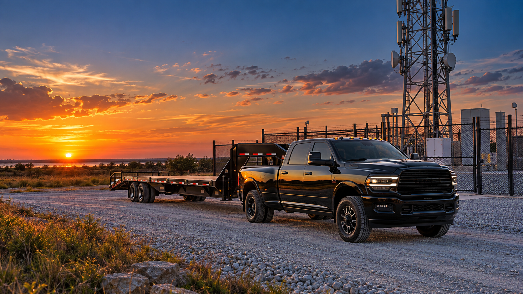 Black heavy-duty Dodge 2500 towing a black gooseneck trailer beside a fenced cell site at sunset